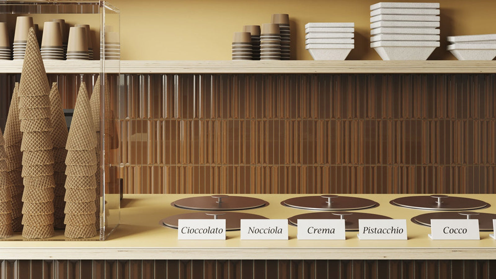 Ceramica Vogue Flautini tile in gelateria colors labeled chocolate, hazelnut, cream, pistachio, and coconut