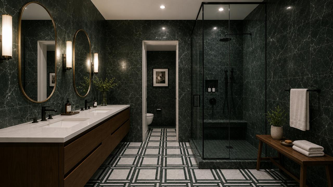 Imperiale marble mosaic installed in a dark green marble bathroom