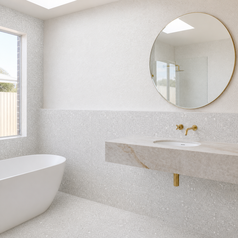 Scarecrow Olympus White terrazzo bathroom installation from The Terrazzo of Oz Collection