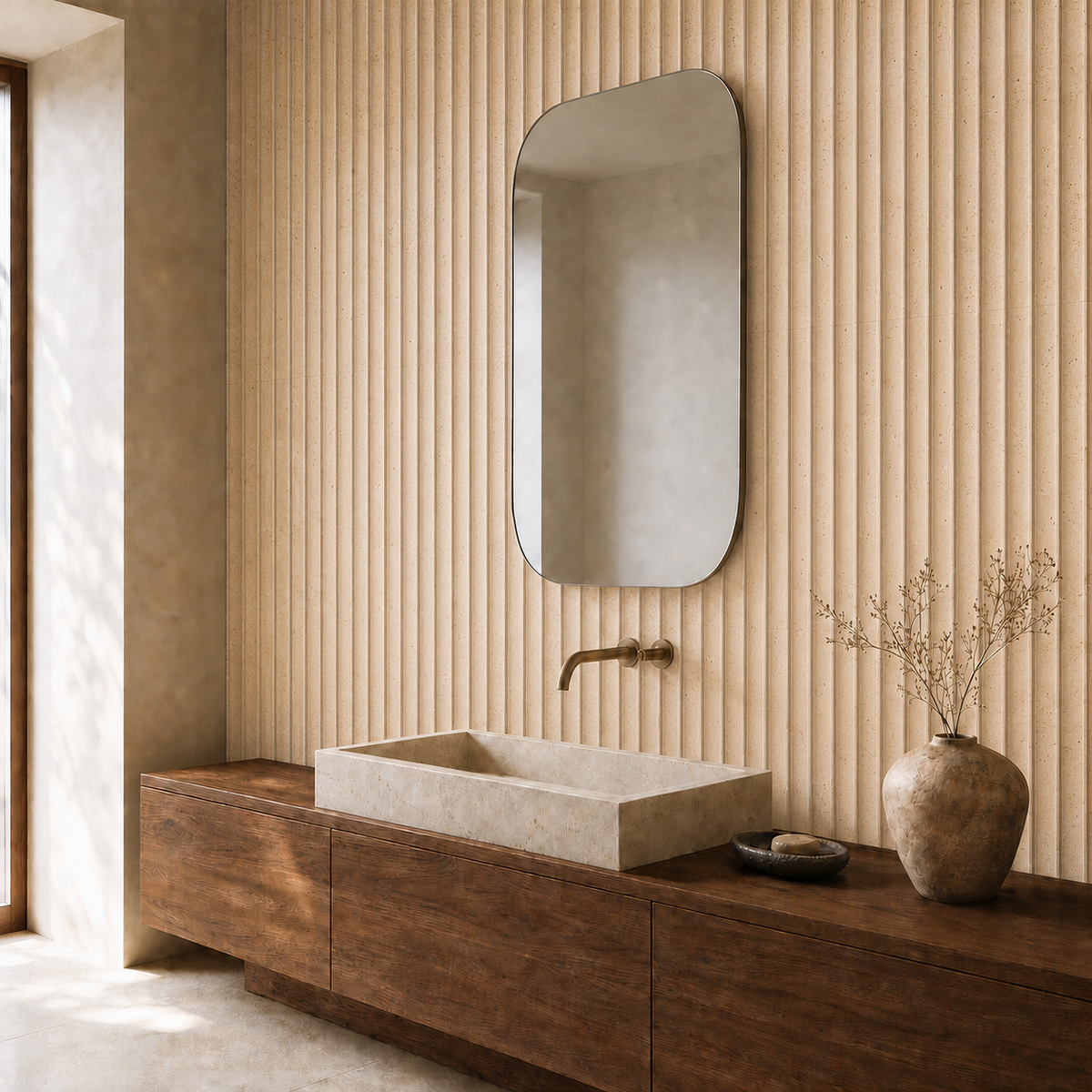 Ceres fluted travertine tile installed in a finished bathroom