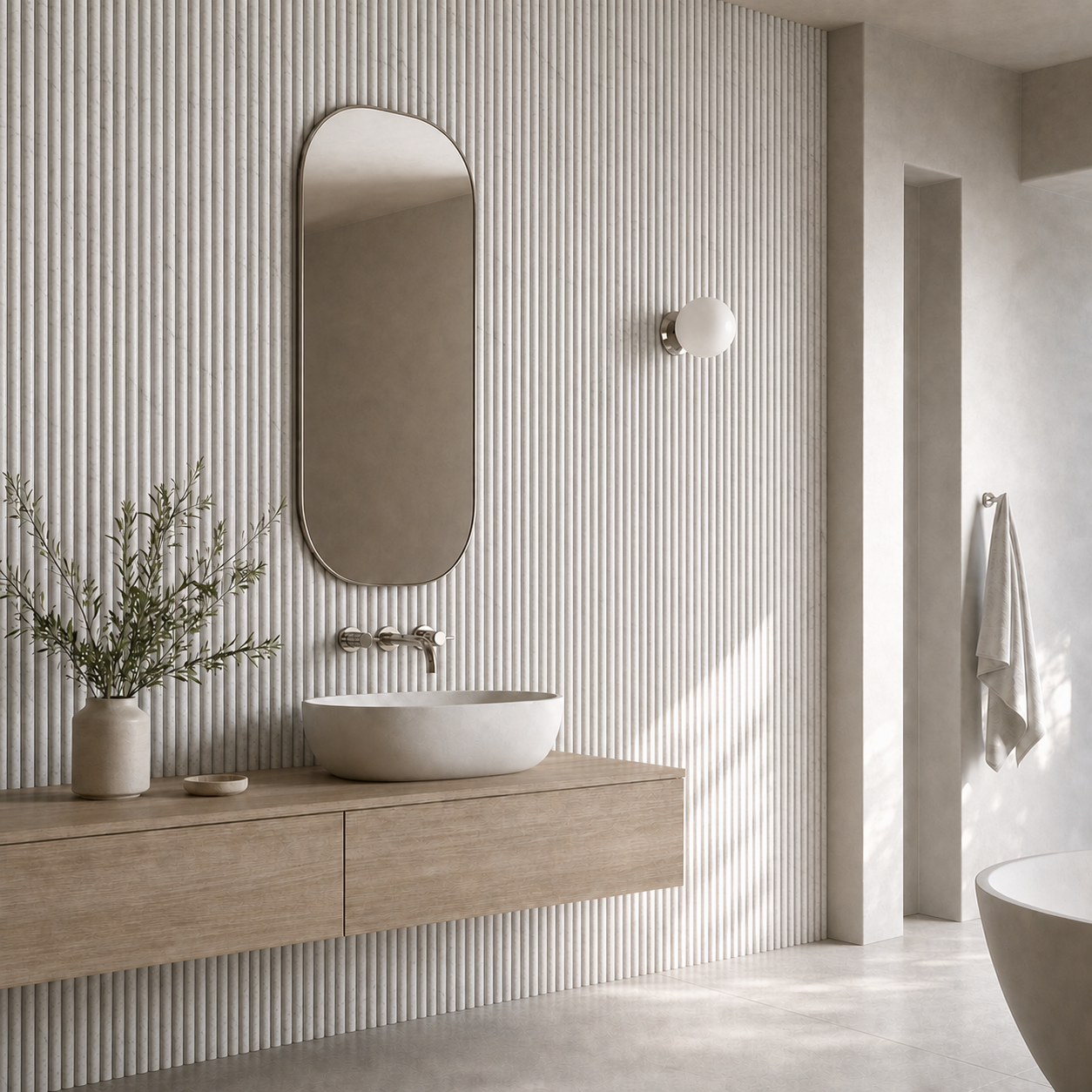 Cloude fluted marble tile installed in a finished bathroom