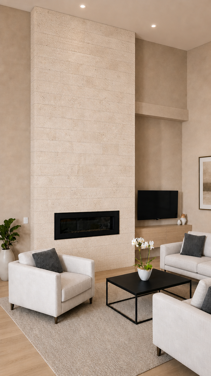 Corale travertine wall tile fireplace installation