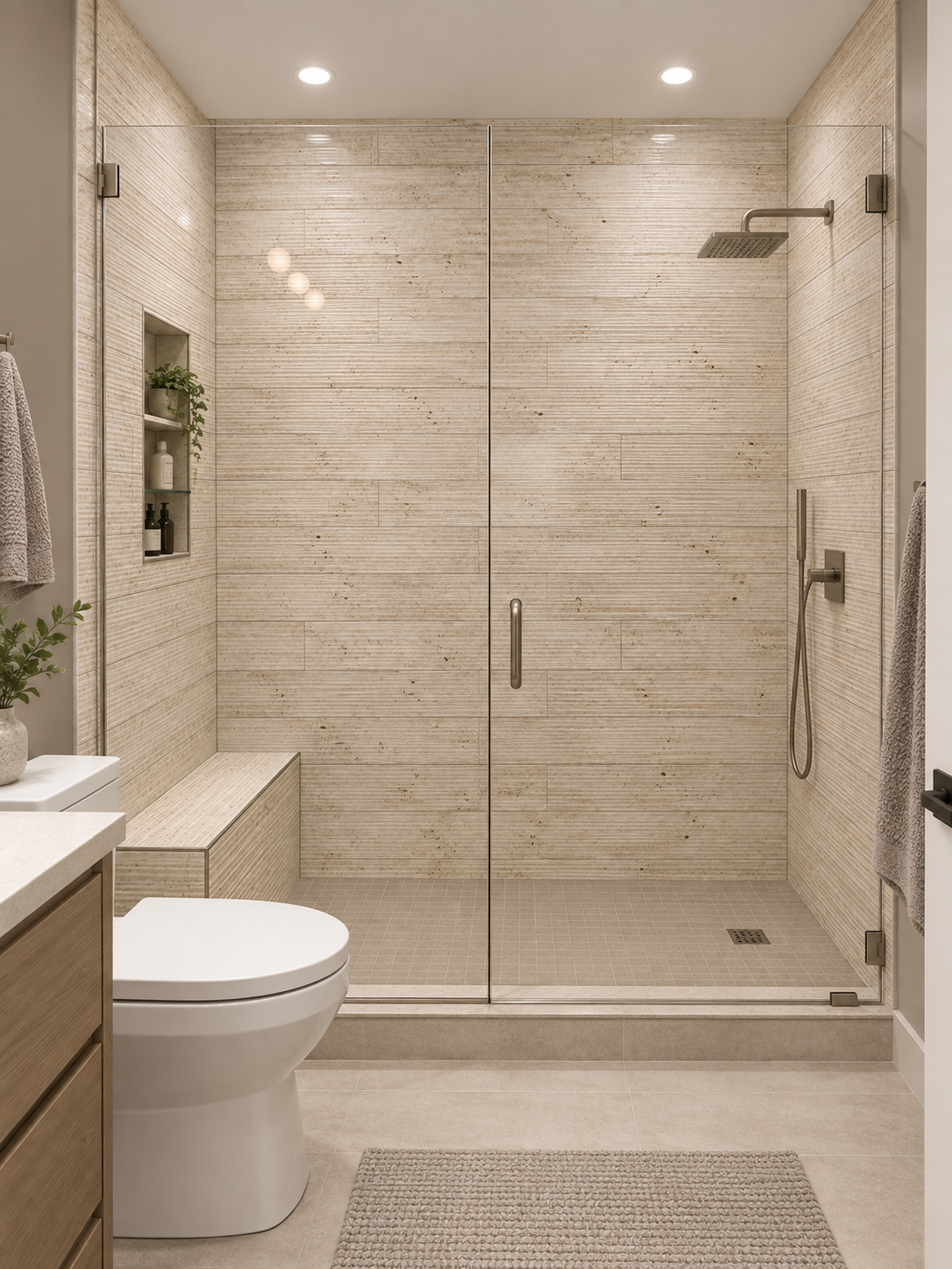 Corale travertine wall tile full shower installation