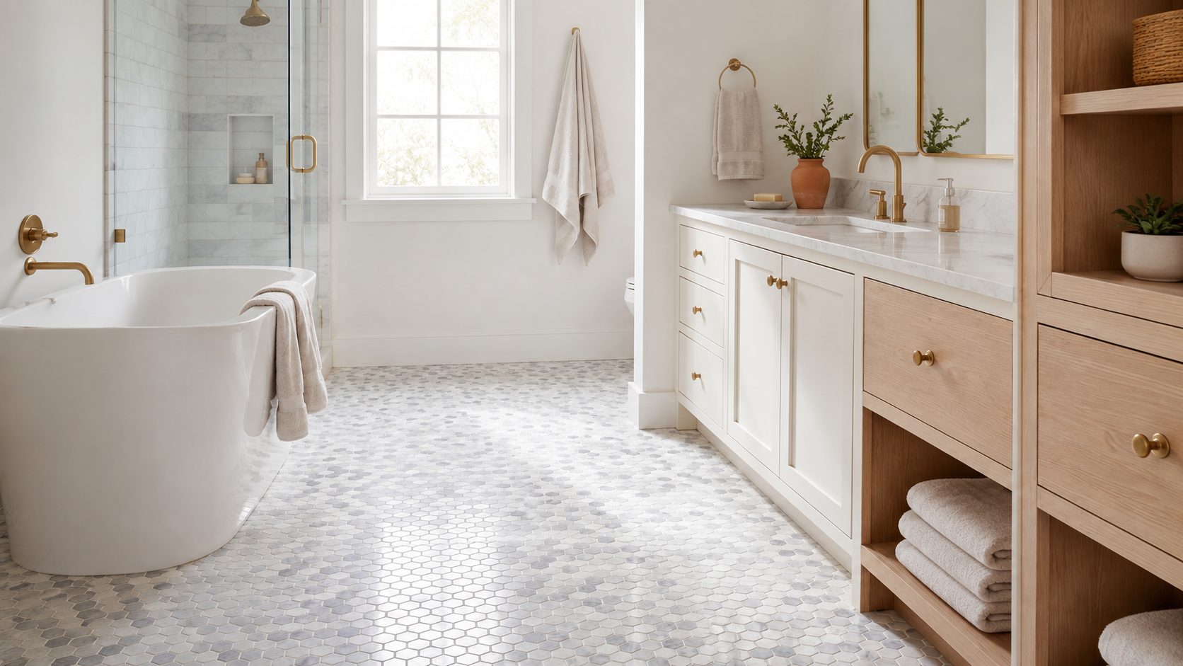 Cygne Blanc marble mosaic installed in a bright bathroom