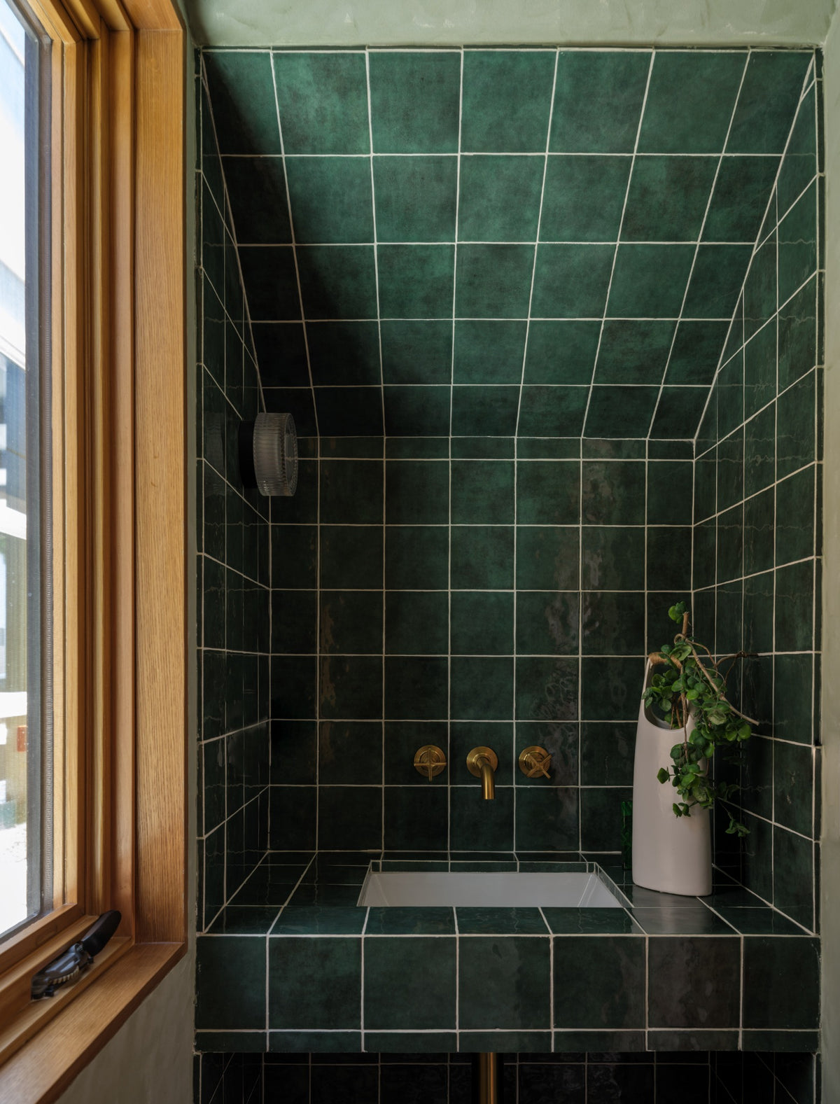 Grove 5x5 green ceramic tile bathroom installation