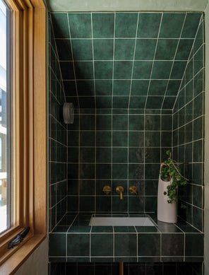 Grove 5x5 green ceramic tile bathroom installation