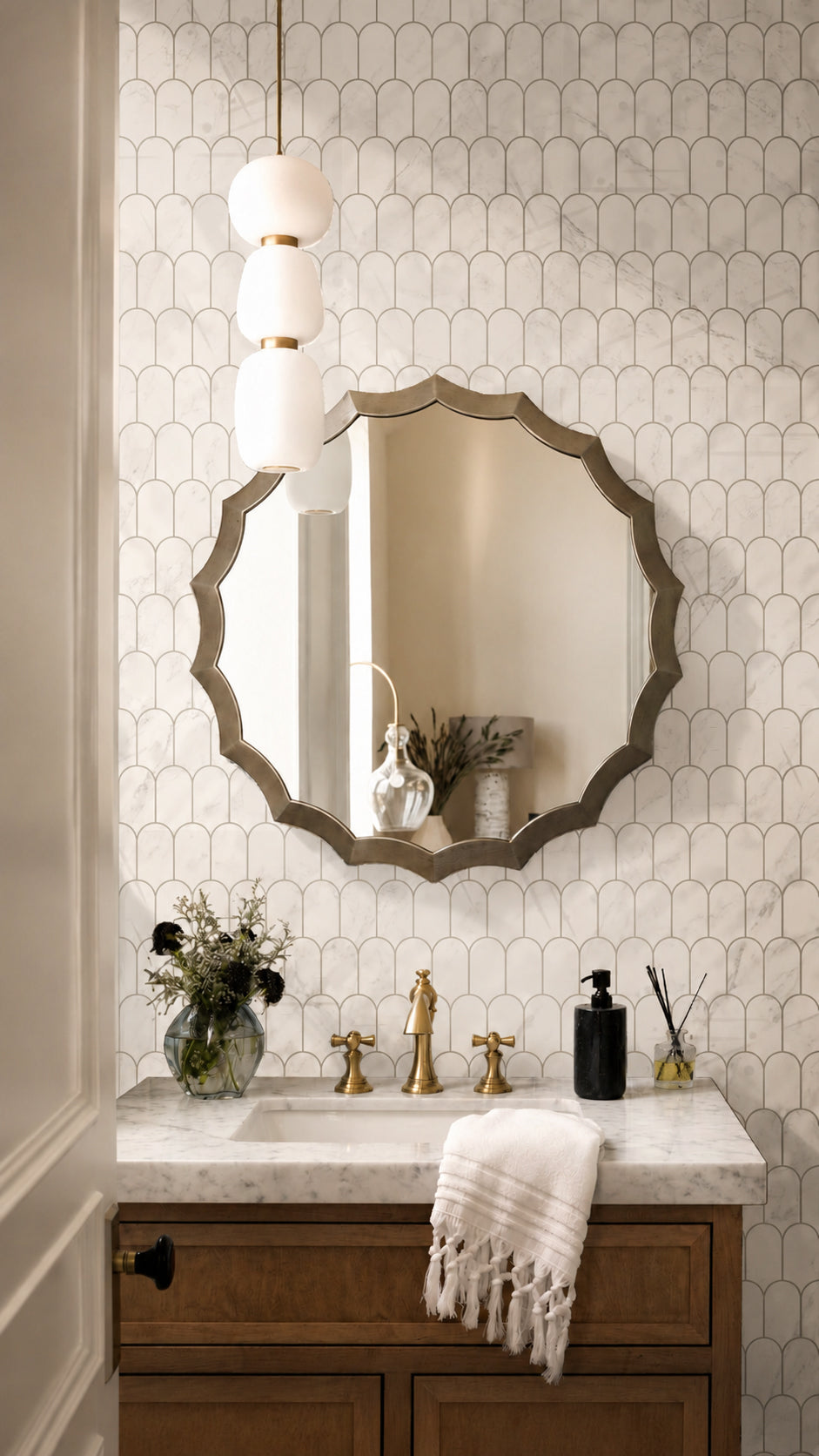 Aurialle arch marble mosaic in a powder room application