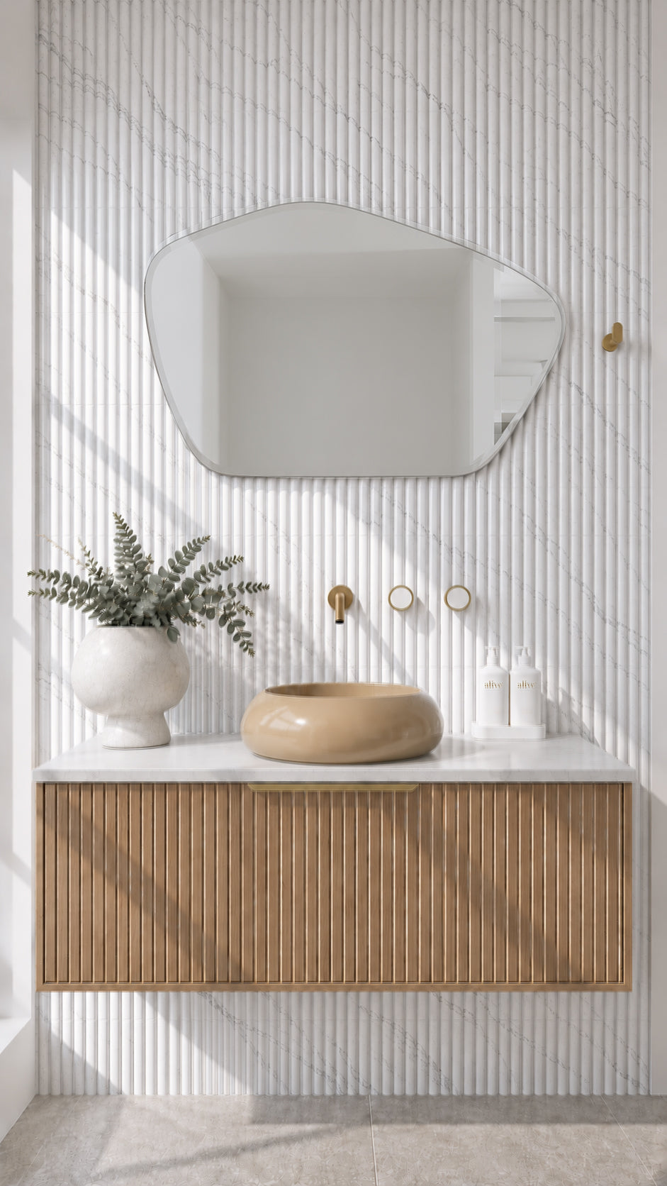 Cloude airy marble bar tile in a vertical installation