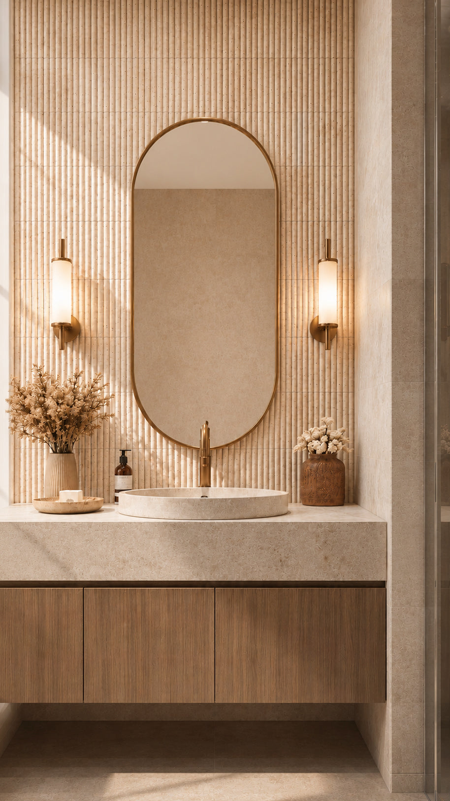 Nagisa shoreline travertine mosaic in a vertical installation