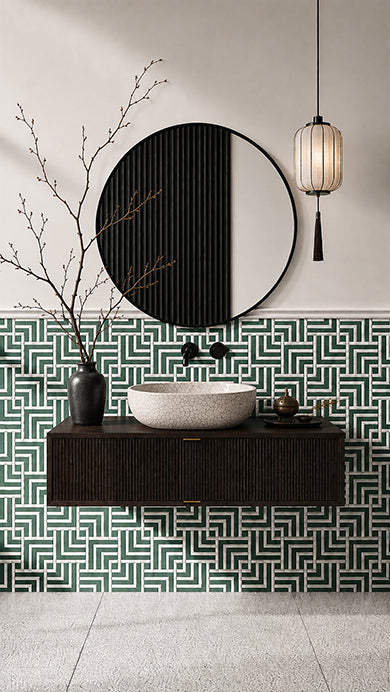 Parallax Matcha kinetic green mosaic in a vertical installation