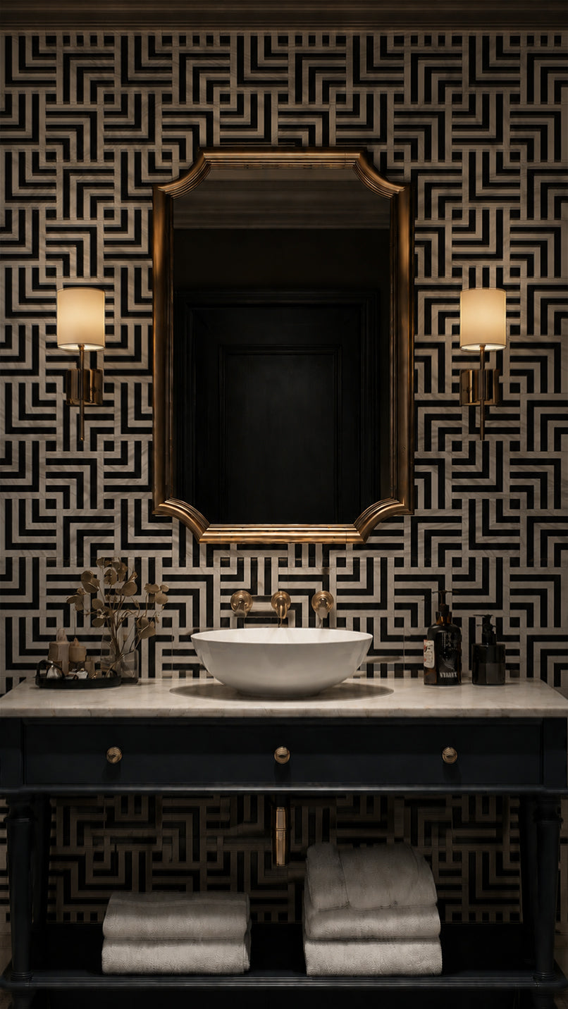 Parallax Noir kinetic black mosaic in a vertical installation