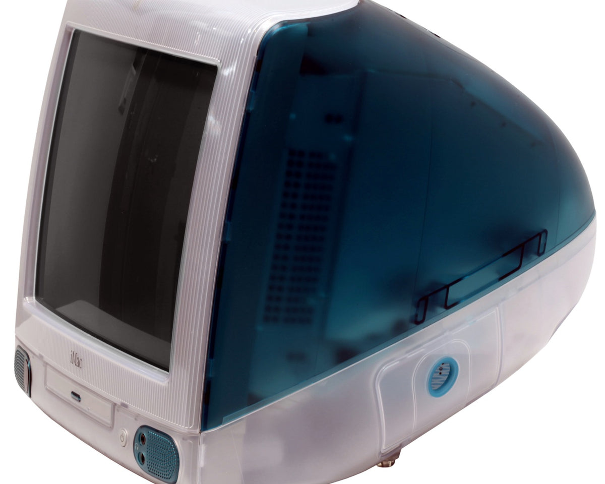 A translucent blue iMac G3 with a rounded body and visible internal structure.