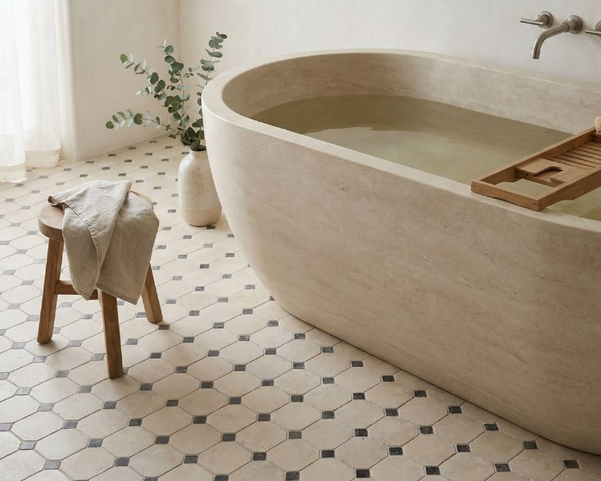 Sirocco stone mosaic floor beside a curved bath in a softly lit neutral room.