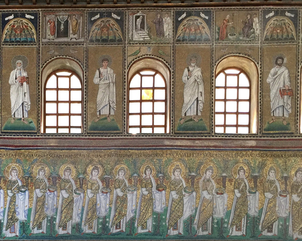 Continuous Byzantine mosaic procession with figures, palm trees, and gold architectural details along a basilica wall.