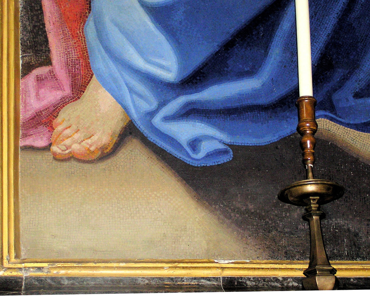 Close view of tiny mosaic tesserae forming folds of fabric and a foot in St. Peter's Basilica.