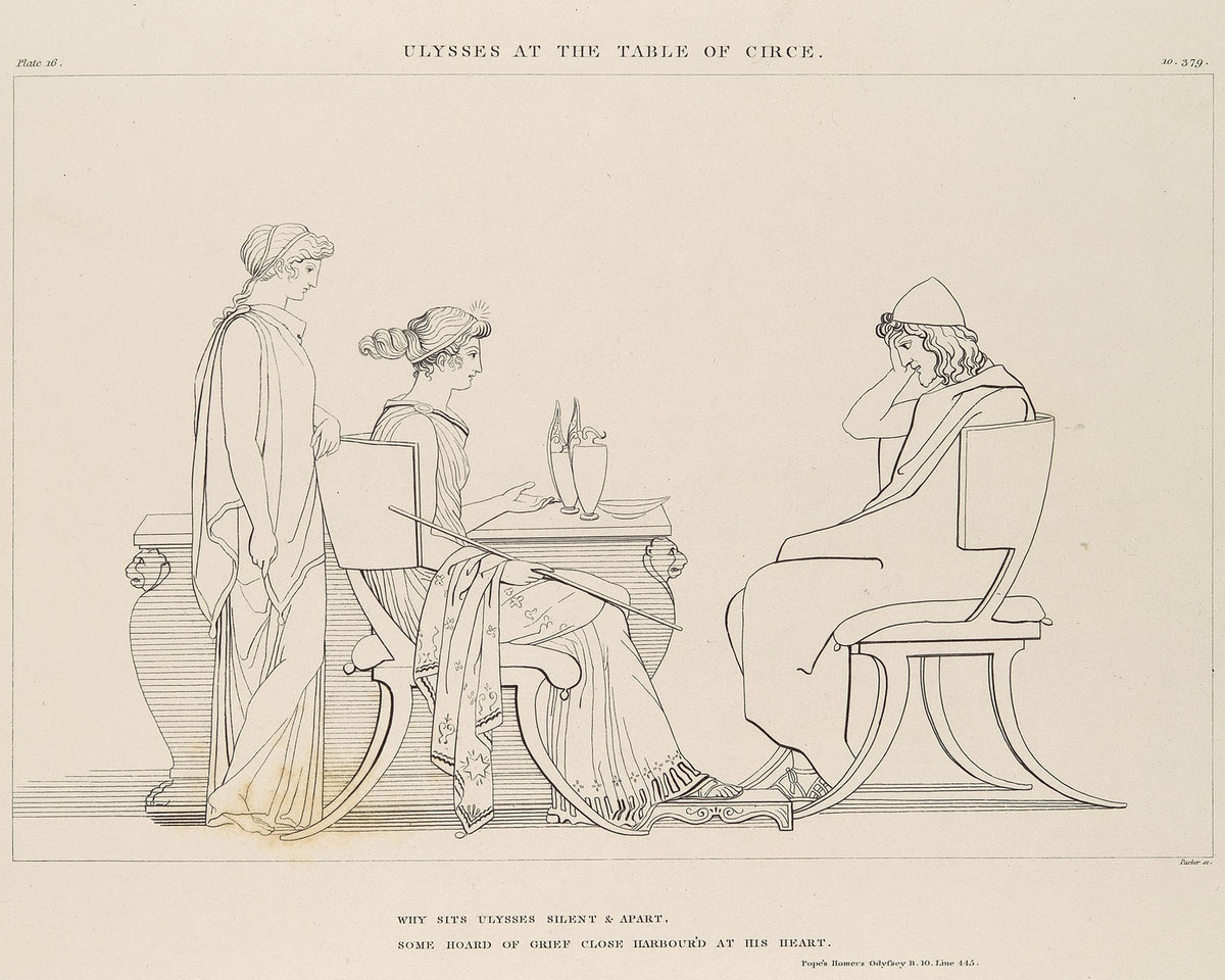 John Flaxman's line engraving of Ulysses seated apart at Circe's table.