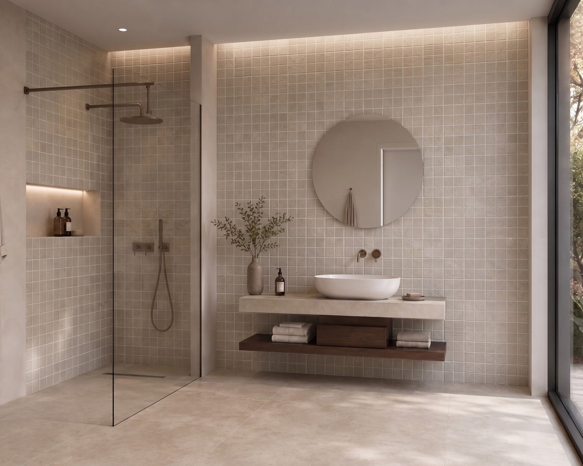 Appiani Pietre relief tiles casting small shadows across a pastel modular surface.