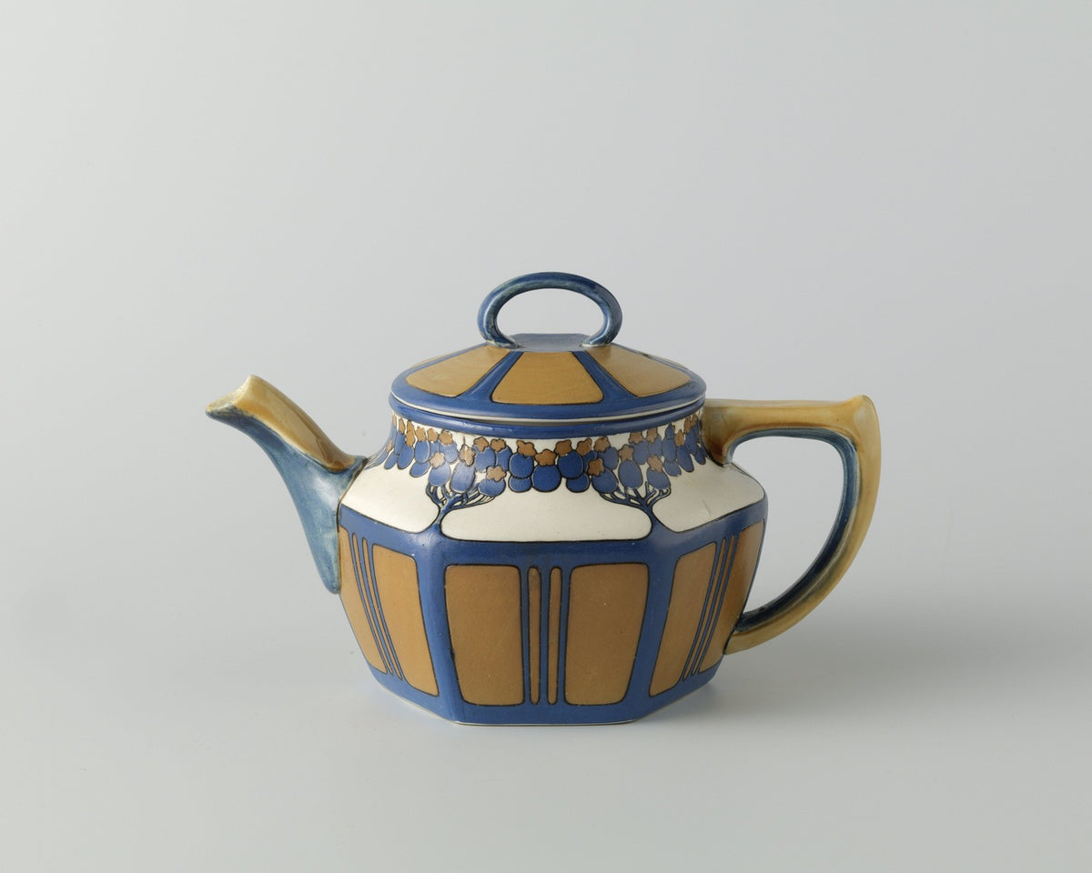 Blue and ochre Mettlach chromolith stoneware teapot