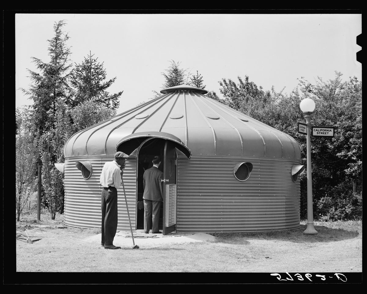 Black and white view of Buckminster Fuller's Dymaxion House
