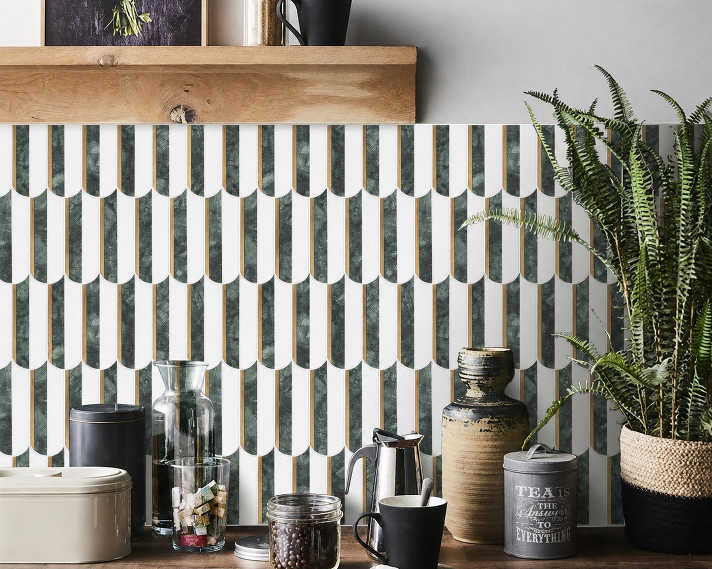 HAUS Cadenza green and white marble mosaic installed in a kitchen
