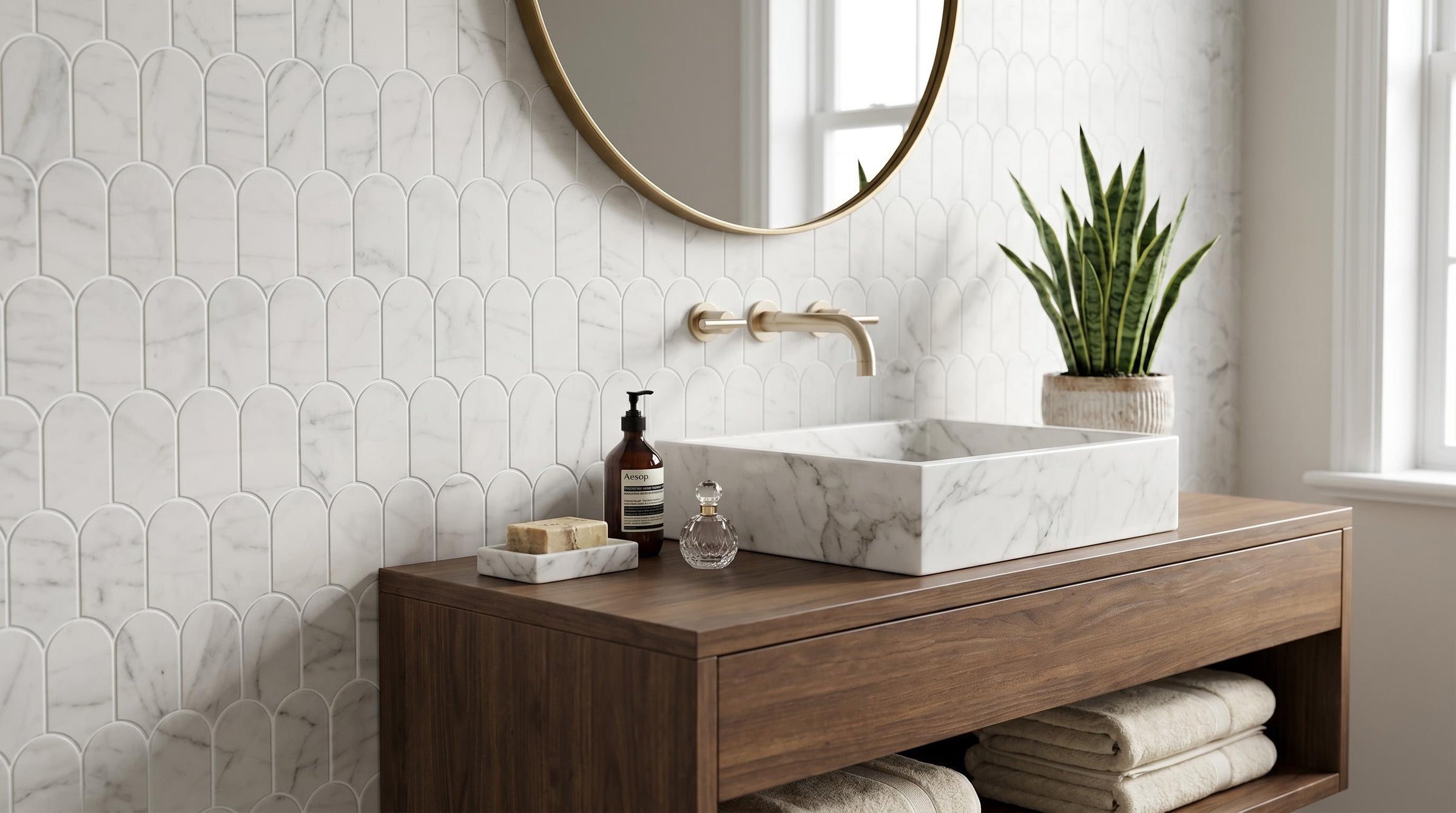 Aurialle arch marble mosaic installed as a bathroom feature wall