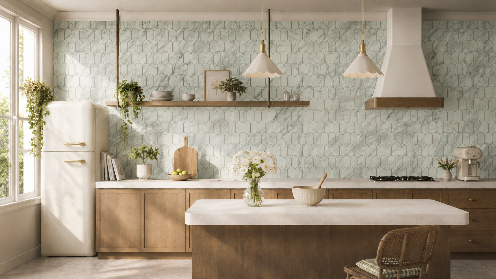 Borealle green-veined arch mosaic as a full kitchen backsplash