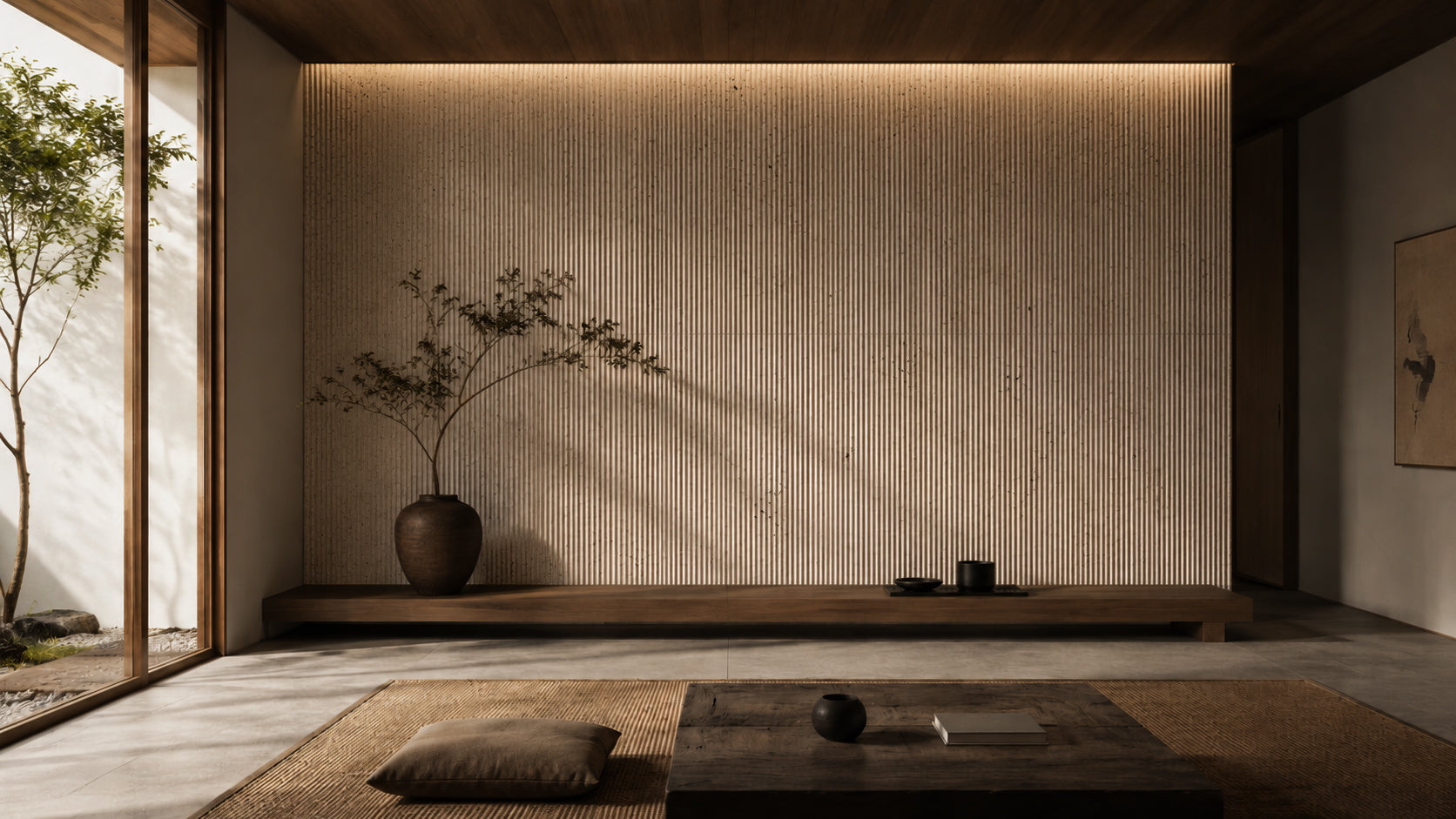 Corale reef travertine bar tile in a wide interior installation