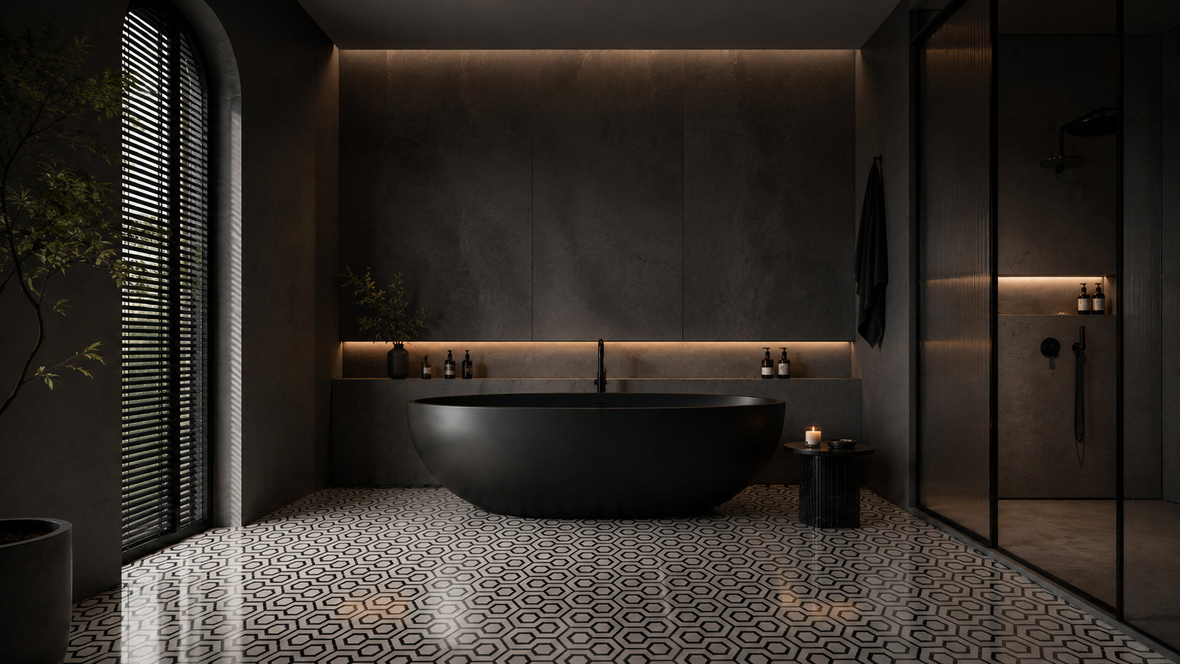 La Ruche honeycomb mosaic in a wide interior installation