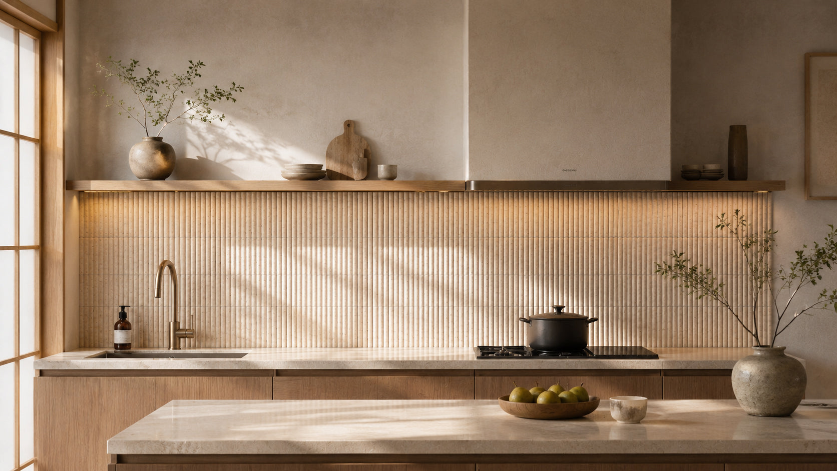 Nagisa shoreline travertine mosaic in a wide interior installation