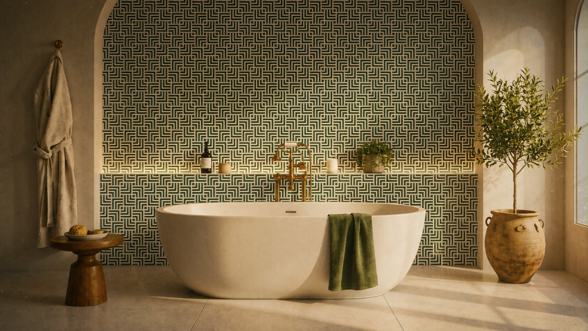 Parallax Matcha kinetic green mosaic in a wide interior installation