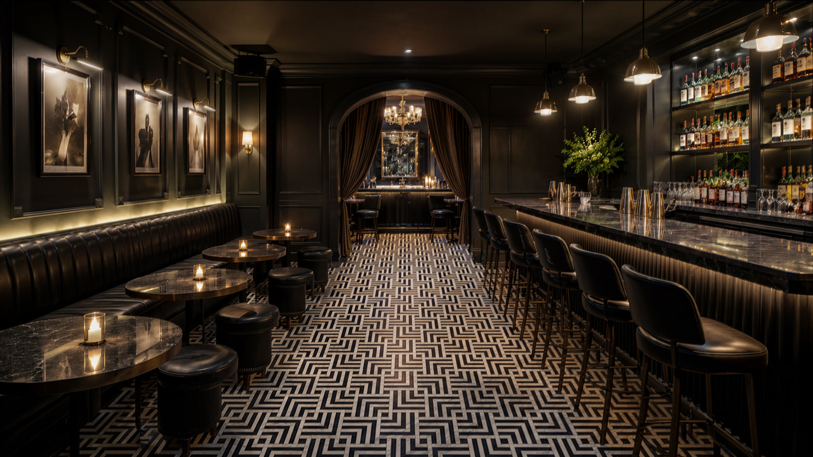 Parallax Noir kinetic black mosaic in a wide interior installation