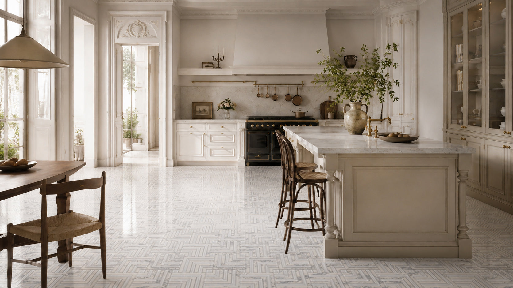 Parallax Olympus kinetic white mosaic in a wide interior installation