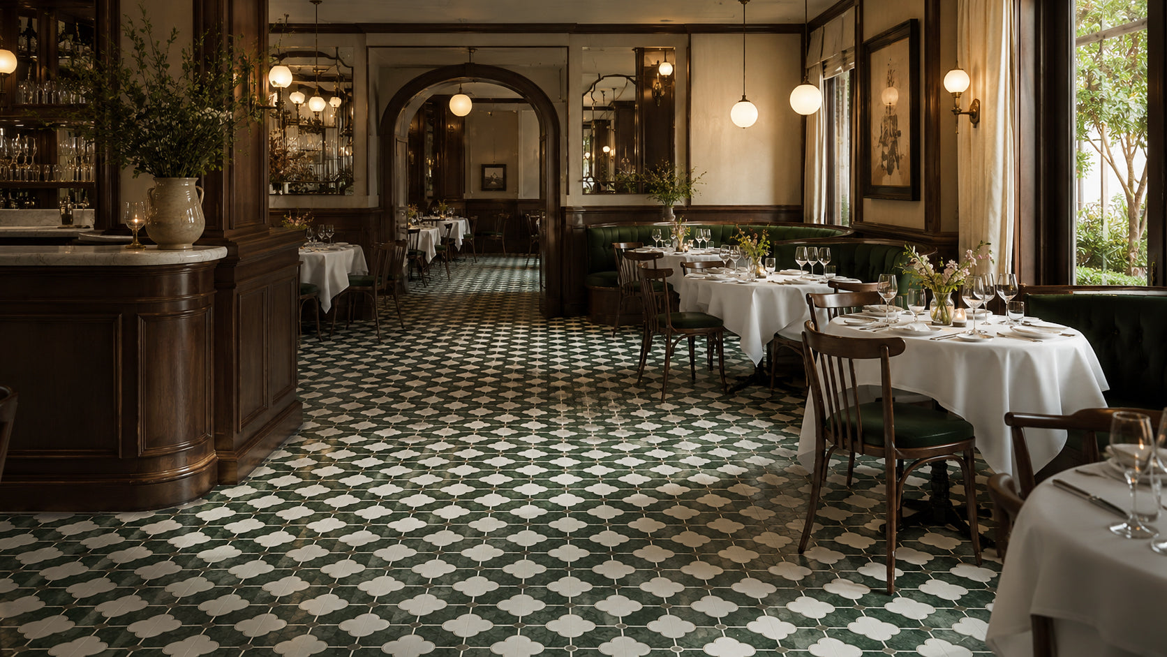 Verdant Fleur clover marble mosaic in a wide interior installation