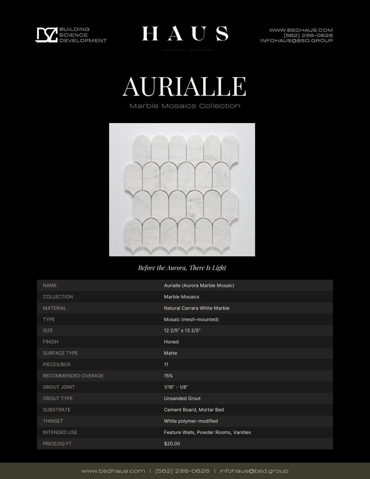 Aurialle technical spec sheet