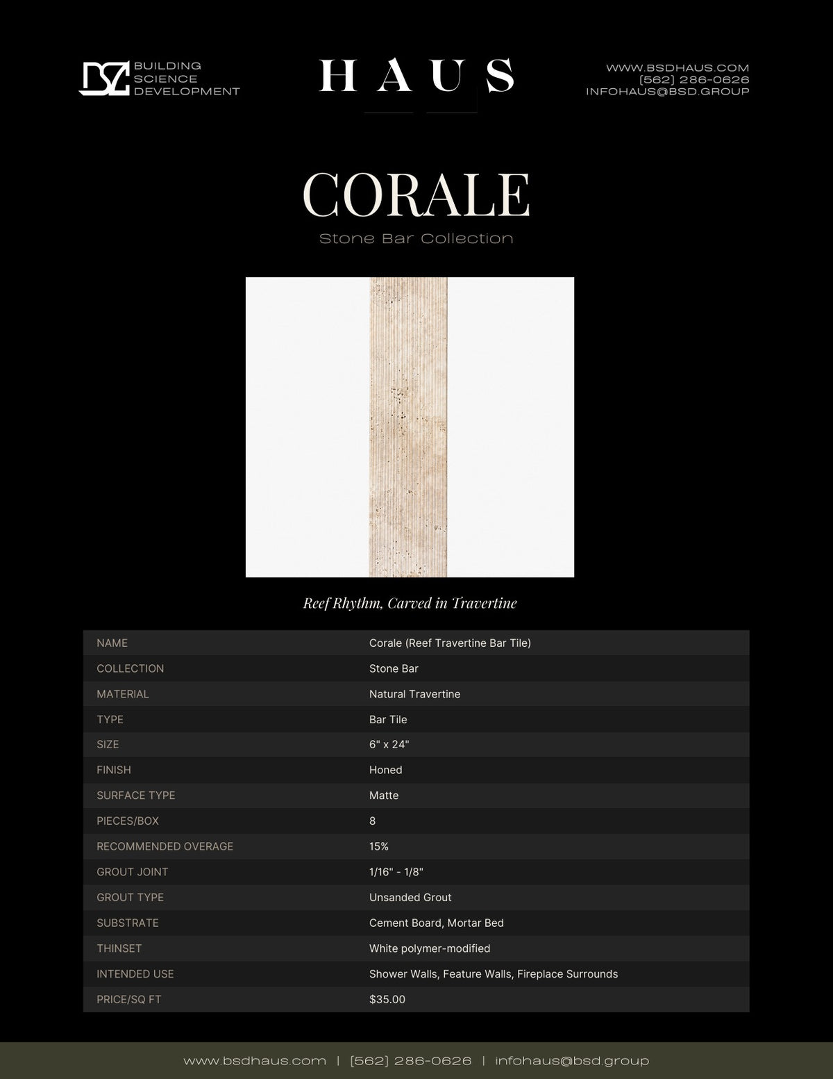 Corale technical spec sheet