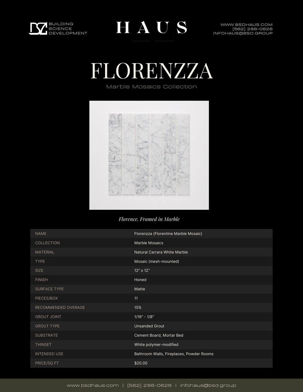 Florenzza technical spec sheet