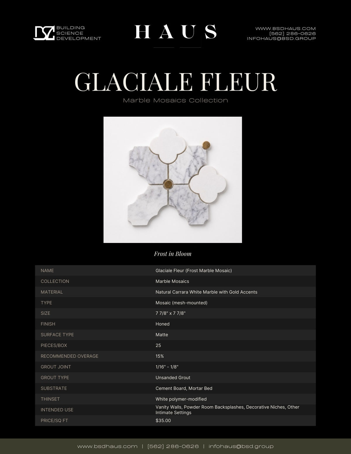 Glaciale Fleur technical spec sheet