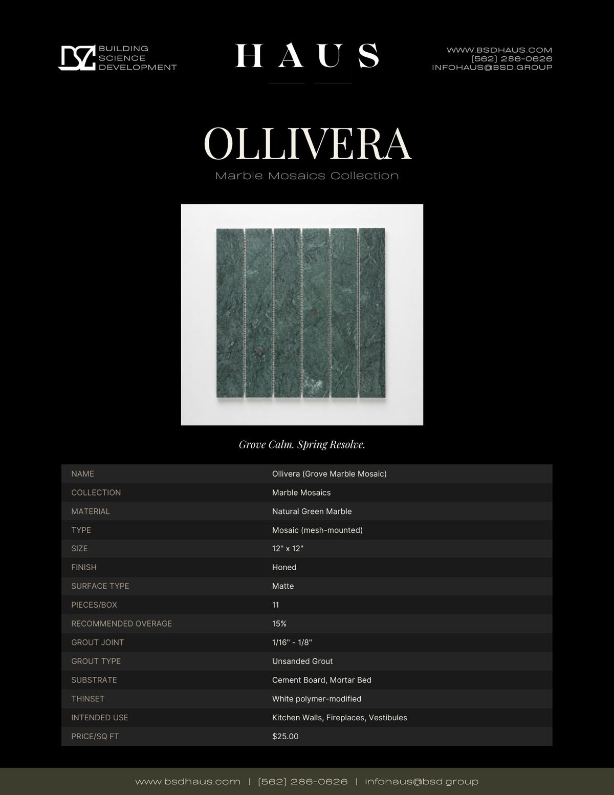 Ollivera technical spec sheet