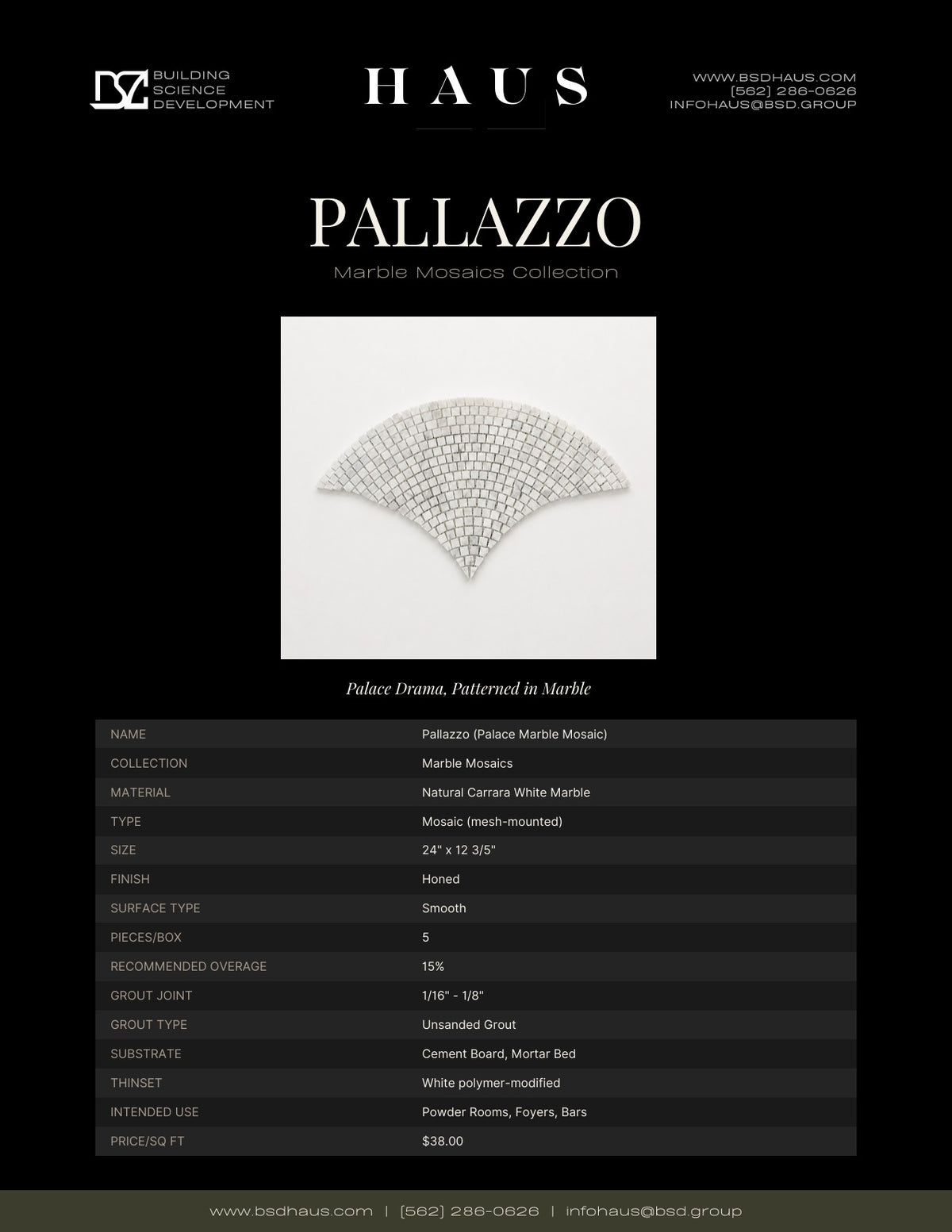 Pallazzo technical spec sheet