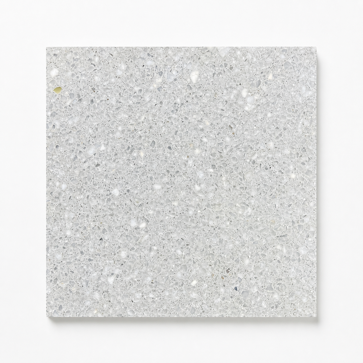 Scarecrow Olympus White 8 by 8 terrazzo tile on a white studio background