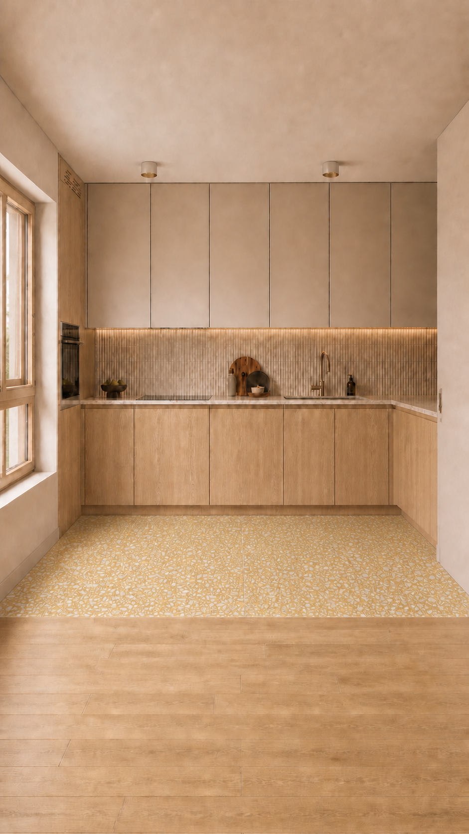 Lion terrazzo tile installed in a warm wood kitchen