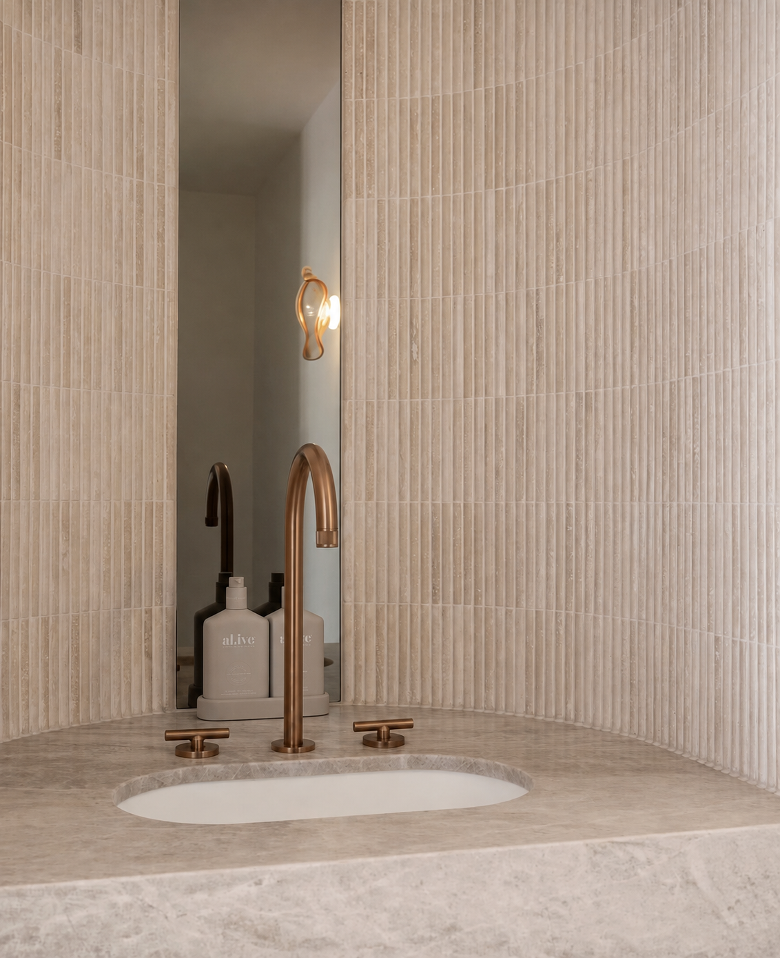Nagisa travertine mosaic bathroom installation