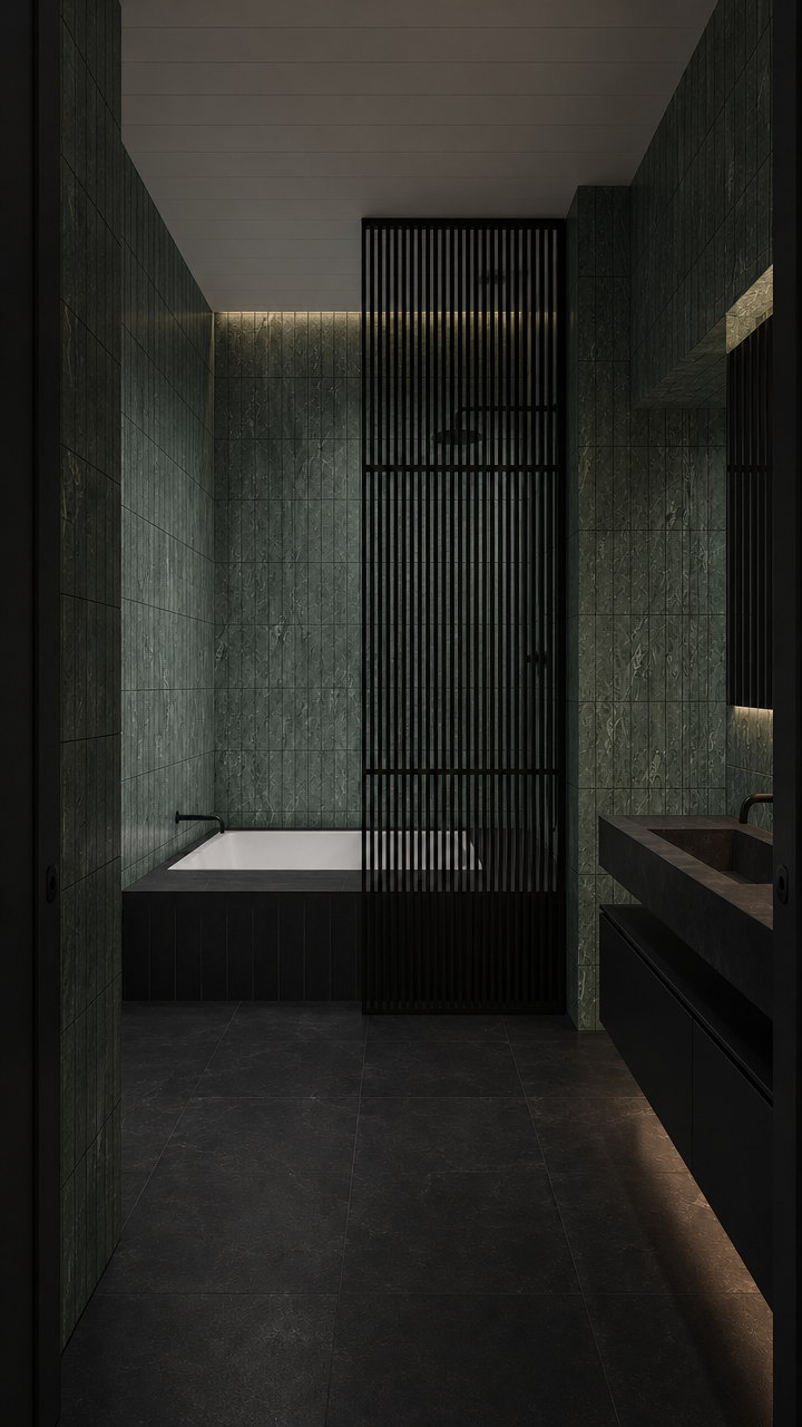Ollivera green marble mosaic tile in a dark, moody bathroom with walk-in shower and soaking tub