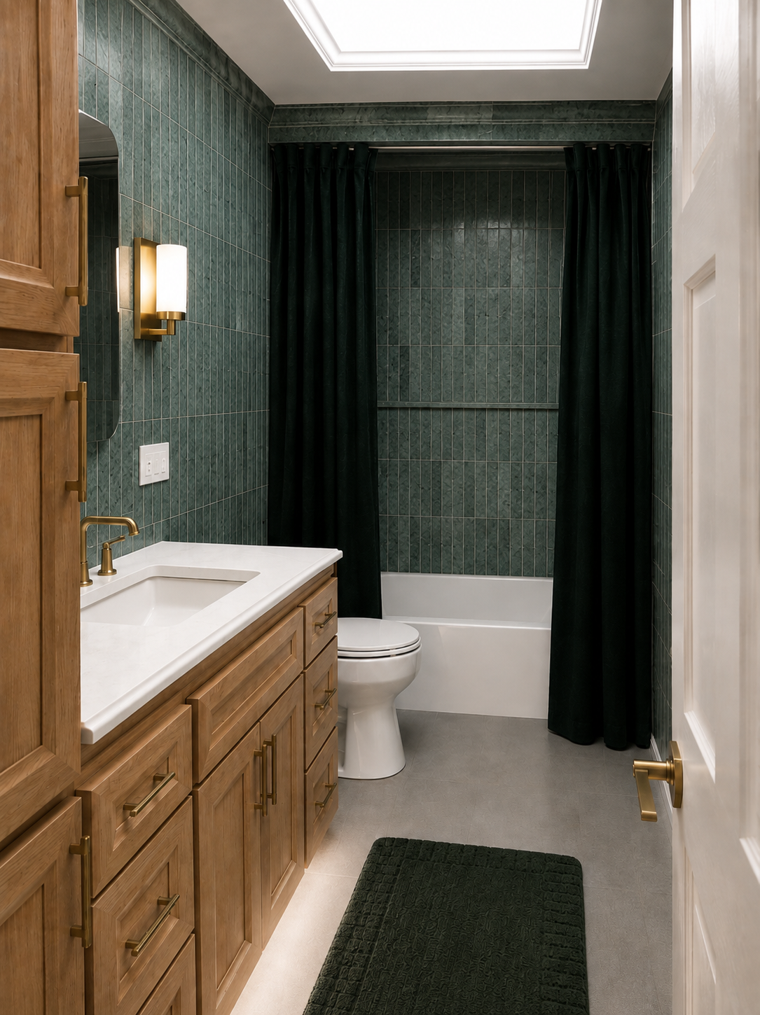 Ollivera green marble mosaic tile installed in a bathroom shower surround and wall, with wood vanity and brass fixtures