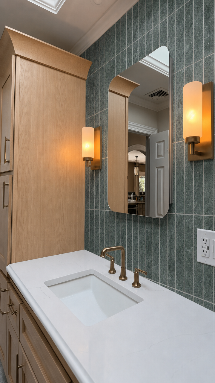 Ollivera green marble mosaic tile behind a bathroom vanity mirror and sconces, with wood cabinetry and brass fixtures