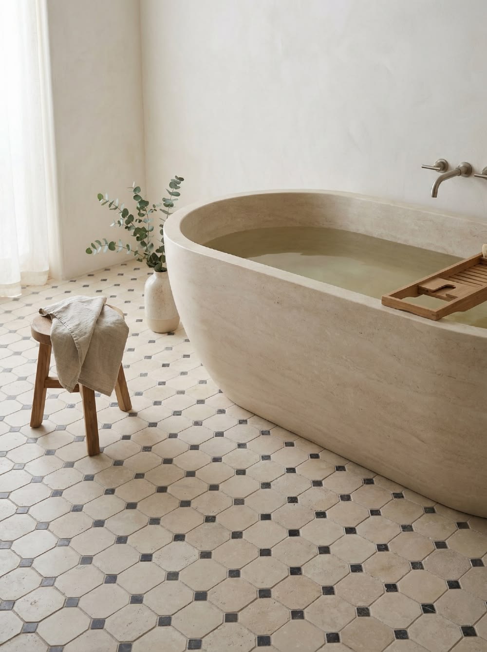 Sirocco marble and travertine mosaic installed in a bright bathroom with a stone bathtub