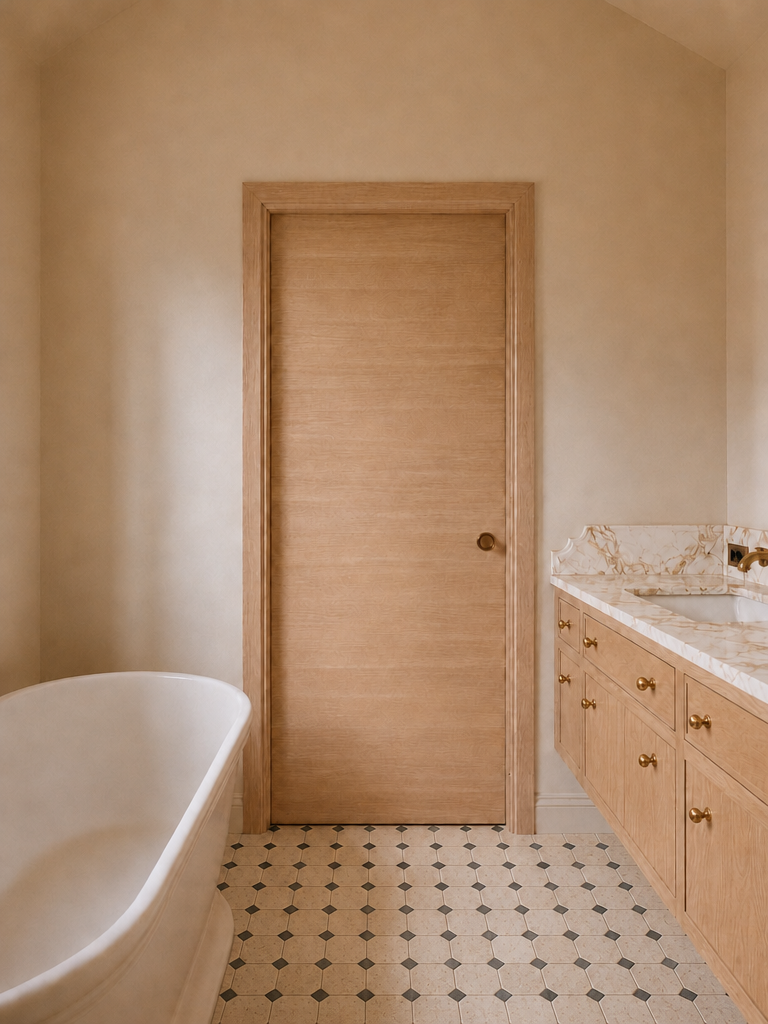 Sirocco marble and travertine mosaic installed in a warm bathroom