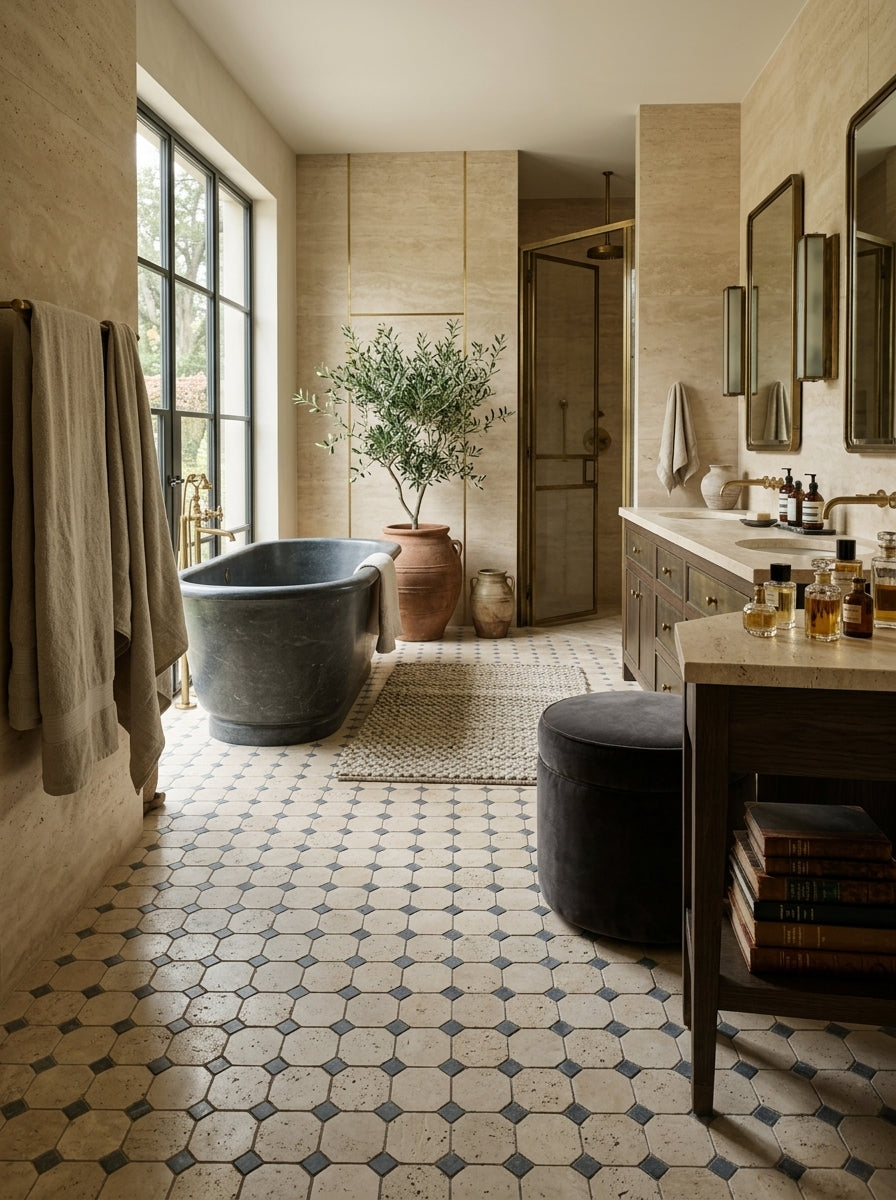 Sirocco marble and travertine mosaic installation render