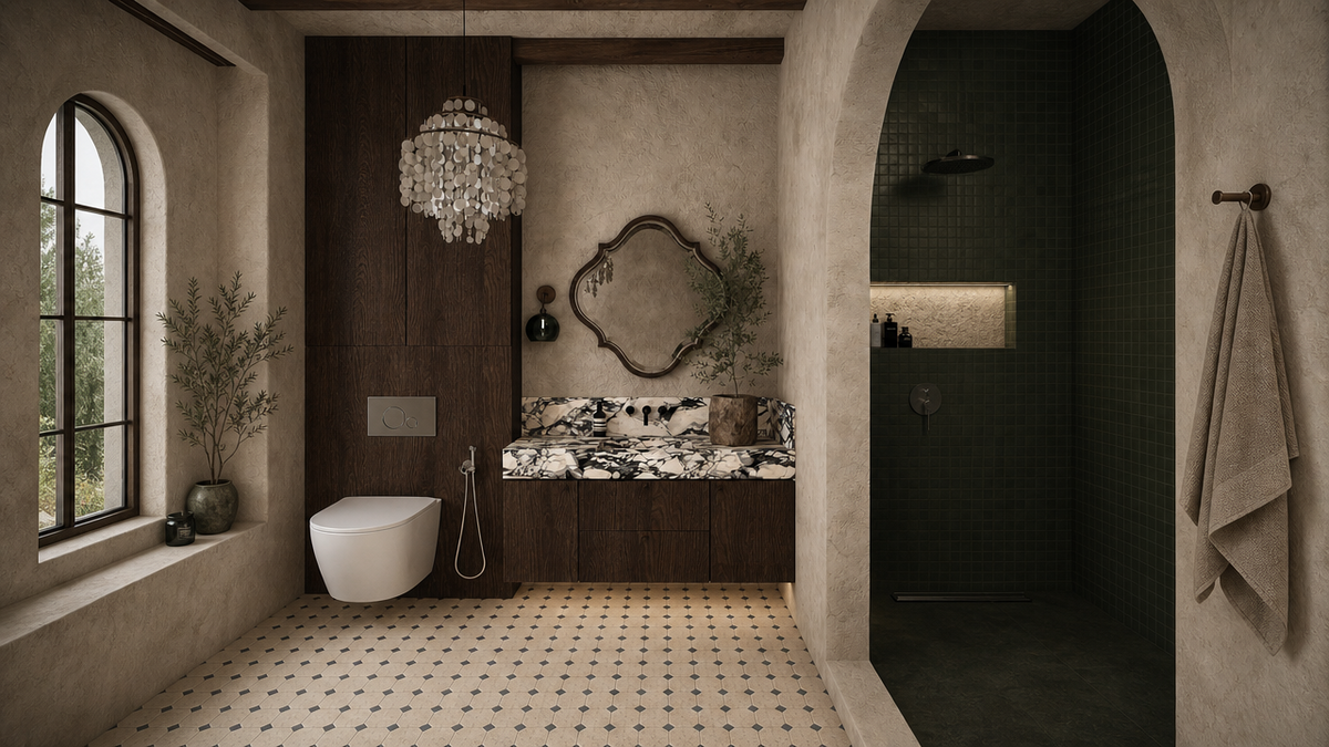 Sirocco marble mosaic installed in a warm arched bathroom interior