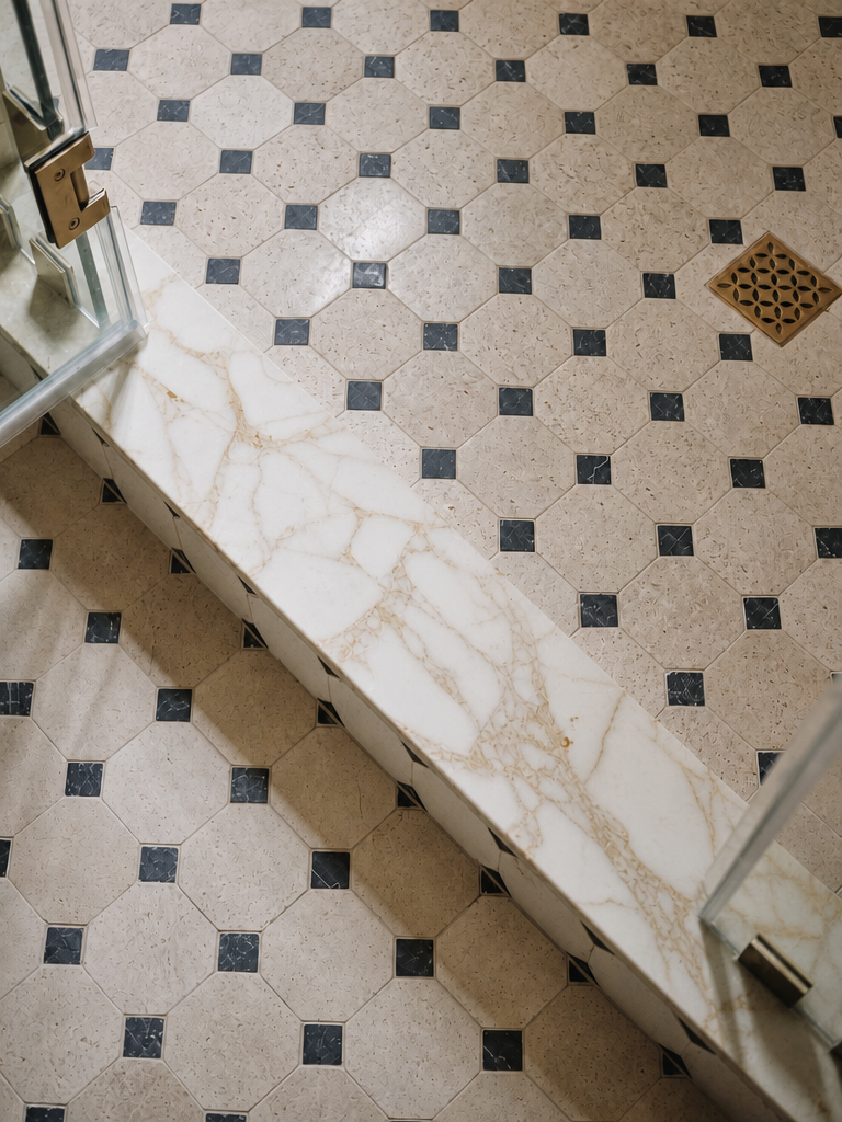Sirocco marble and travertine mosaic installed around a marble shower curb